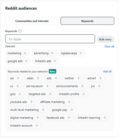 posnetek zaslona nastavitev ciljanja na podlagi ključnih besed v Reddit ads